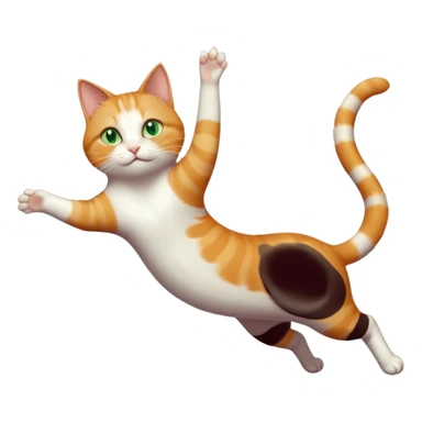 ginger and white cat with green eyes doing a big extremely long stretch reaching up into the air with arms and legs side by side together straight and overextended whilst lying on its side sticker