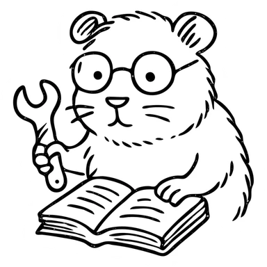 studious guinea pig with glasses, wrench, fixing a book, hand-drawn outlined icon sticker