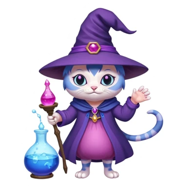 Purple witch cat full body with pink potion and blue potion bubbling  sticker