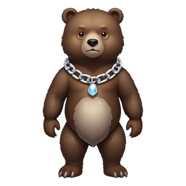 Very realistic dark brown bear standing on all four legs with intimidating gaze, wearing only a plain ice chain around its neck sticker