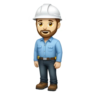 Mid white engineer wearing light blue blouse and black jeans and brown safety shoes and  white helmet and he has a slight beard  sticker