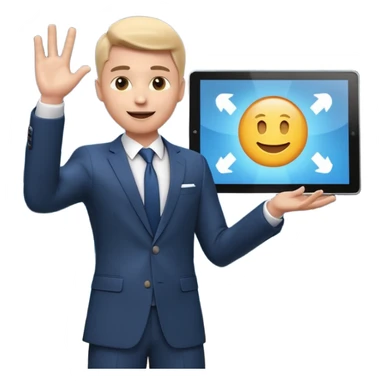 A stylized 3D emoji icon of a charismatic young male presenter on a stage, holding a tablet and gesturing enthusiastically towards a large screen behind him. The screen displays a glowing, futuristic Microsoft logo (the four squares) sticker