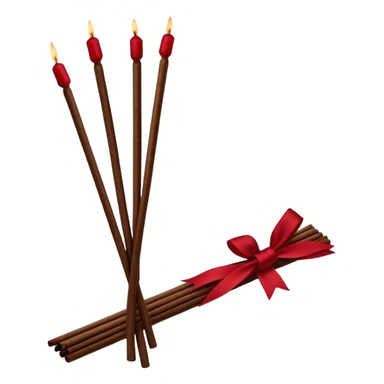 A bundle of incense sticks wrapped with a Persian red ribbon, exuding a vintage glamour aesthetic. The rich, deep red hue contrasts elegantly with the natural texture of the incense. Soft lighting enhances the luxurious and nostalgic feel of the composition. sticker