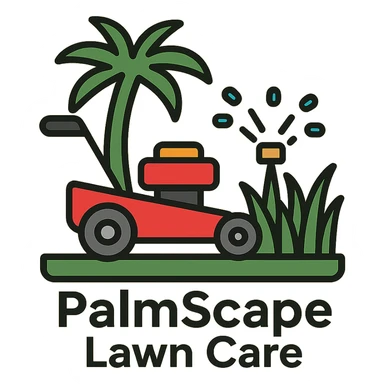 Add the company name text 'PalmScape Lawn Care' in a modern, simple font below the logo. sticker