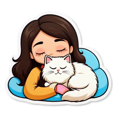 brunette tan girl sleeping with her Himalayan cat   sticker