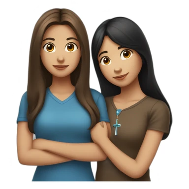 one girl with long brown hair wearing a cross necklace and one girl with medium black hair wearing a blue shirt hugging sticker
