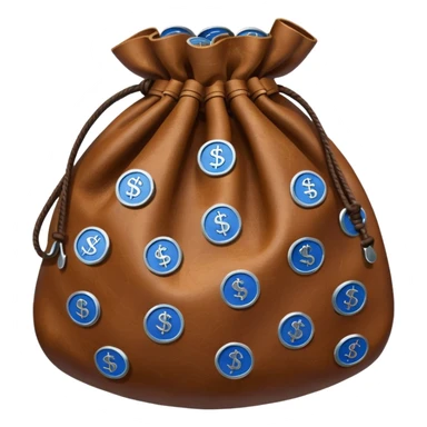 brown money bag full off blue coins inside sticker
