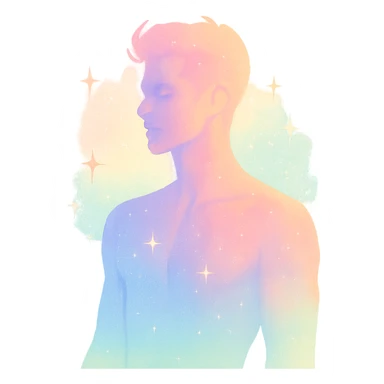 confident male figure with a pastel aura and subtle sparkle, embodying beauty and magnetic charm, in a minimalist silhouette sticker