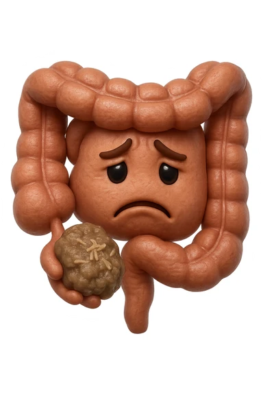 EMOJI STILE IPHONE 3D DI un intestino con espressione triste mentre tiene in mano delle fibre fermentate a poltiglia, FALLO MOLTO REALISTICO IN 3D sticker
