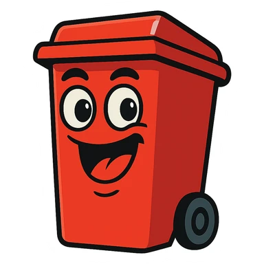 red trash bin, cartoon style, playful expression sticker