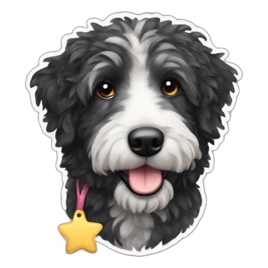 mostly black aussie doodle with a star-shaped tag sticker