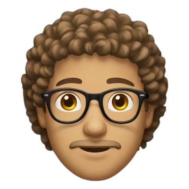 A guy with black round glasses, brown eyes, a small brown beard, curly brown hair, light skin in a black sweatshirt sticker