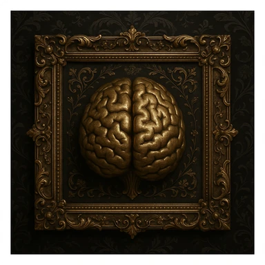 ultrarealistic 3D metallic old gold brain emoji symbolizing common sense, main symbol classic arcane mysterious, inside ornate gold frame echoing interior floral and arcane elements, set against dark black Victorian silk patterned background with ornate gothic florals, high definition, dramatic, mysterious, inspired by reference art sticker