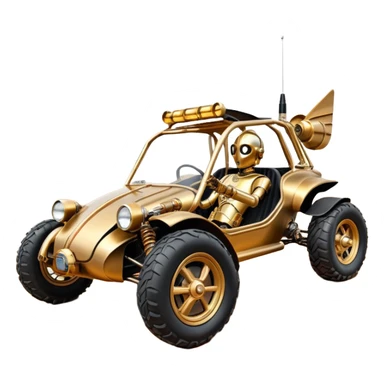  tarnished neon underglow C-3PO ghost buster 1964 delicately ornate rosegold wood accents painted dune buggy buckboard powered by electric motors and batteries with racing safety belts while flying rapidly roughening terrain stable on strong agile advanced suspension and steering sticker