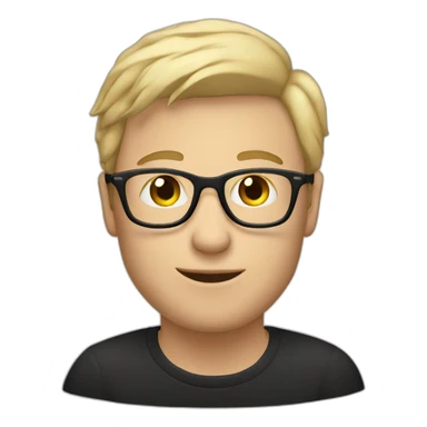 Blonde man in black jumper with clear glasses holding a white coffee cup sticker