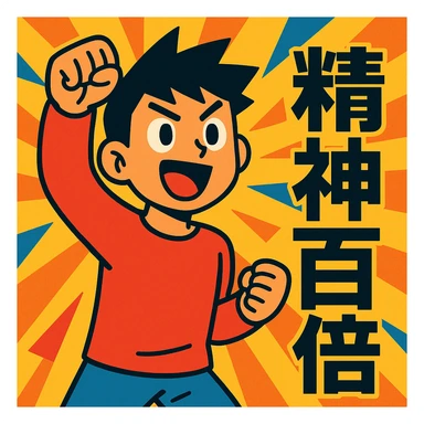 vibrant toon style character with dynamic background, showing '精神百倍' sticker