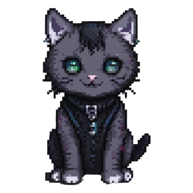emo kitty, dark colors, pixel art style sticker
