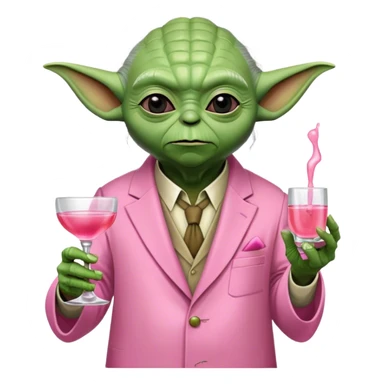 Master Yoda in pink suit, holding small pink tequila shot sticker