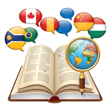An icon featuring an open book, a pen, and speech bubbles, symbolizing philology and linguistics. The design includes alphabet letters, a magnifying glass, and flags of different countries, representing global languages and communication. Transparent background highlights language study. sticker