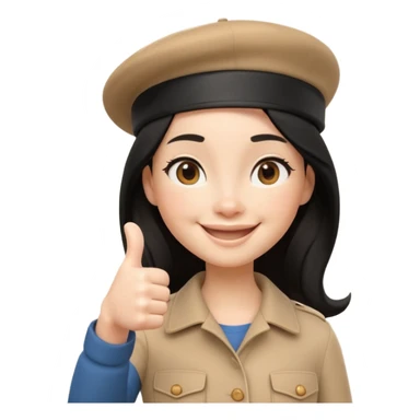 3D cartoon female character giving thumbs up, wearing beige beret, long black hair, smiling warmly with confident expression, clean white background, Pixar-style lighting, cute and friendly iPhone memoji aesthetic, high quality soft shading, centered composition sticker