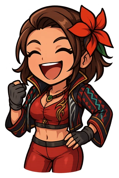 Azucena from Tekken 8 in chibi sticker style, laughing with eyes closed, standard Twitch emote, wearing her detailed red and patterned outfit as shown in the reference images. sticker