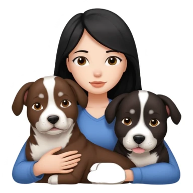 Girl with black long hair cuddels with two amstaffs black and brown sticker