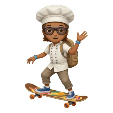 ["A happy boy with brown skin, straight hair, wearing a chef hat and sunglasses, dressed in hippie fashion, is skateboarding while holding a backpack."] sticker