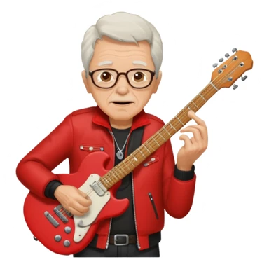 guitar rock player, elderly head, red jacket sticker