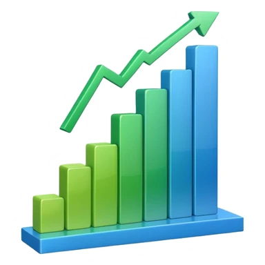 3D bar chart with upward trend, pie chart, colorful graphs, 
data visualization, blue and green colors, transparent background, 
emoji style, realistic, modern business analytics sticker