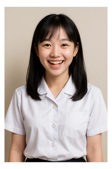 Asian girl, black hair, white skin, in a white school uniform, standing, cheerful expression sticker