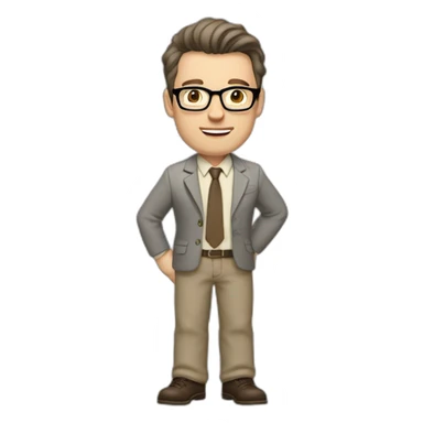 Full height Gesticulating Pale skinned fit man with dark brown hair in gray jacket, beige office shirt, brown tie, brown pants and vintage glasses. sticker