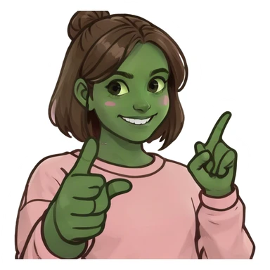 A girl with brown hair and white skin is smiling, pointing her index finger, and wearing a pink sweatshirt sticker