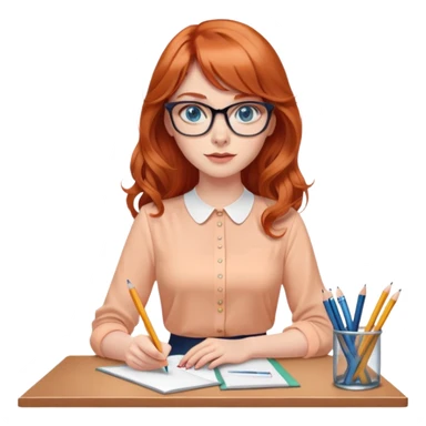 redheaded woman with long wavy hair and bangs, blue eyes and cat-eye glasses, wearing a pencil skirt and apricot blouse, holding a pencil sticker