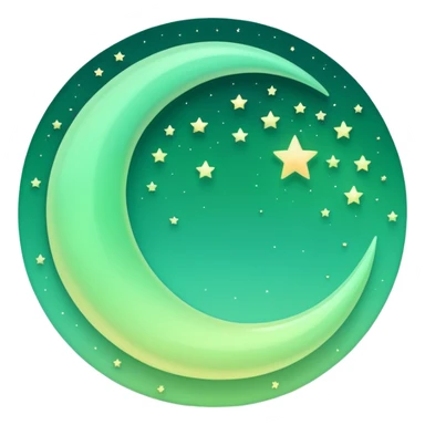 sparkly glossy pastel green-gradient crescent moon with a subtle glow, no face sticker