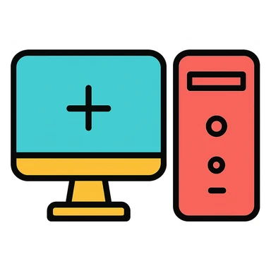 PC computer, lineal color outlined icon style, with black outlines and color fills sticker