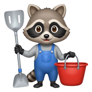 raccoon emoji with gloves, holding a dustpan, friendly and simple, apple emoji style sticker