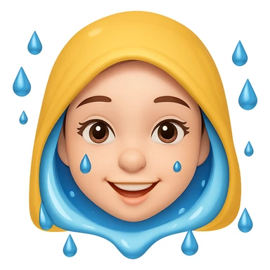 A girl with water drops over her head, showing a happy facial expression, in the style of emoji. Remove the background. sticker