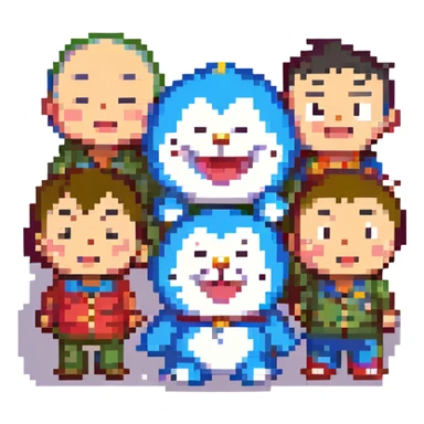 Add Nobita to the group with Doraemon and Shinchan in pixel art style, cheerful expression, no background, simple and colorful pixel design. sticker