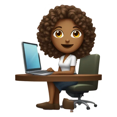 a woman with curly brown hair, not dark olive skin, with a computer in front of her, sitting cross-legged and with a glass of wine or a cocktail beside her sticker