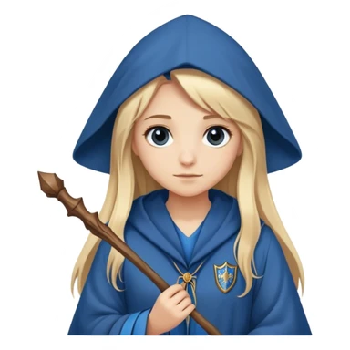 Girl with Long straight light blond hair with a ravenclaw Robe and a wooden small wand sticker