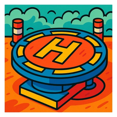 cartoonish helipad, round platform with large H, vibrant colors, exaggerated details sticker