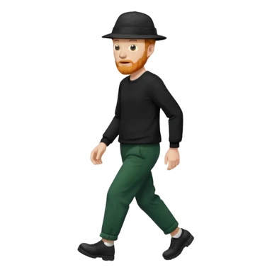 גבר זקן ג'ינג'י מלא כובע שחור הפוך חולמה שחורה ומכנסיים ירוקות ארוכות מבצע הליכה במקום  sticker