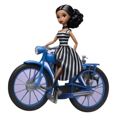 1920s black hair Silkstone Marie Antoinette Barbie Wednesday Addams from academy in a blue and black vertically-striped classic dress. riding hot rod bikes with crows sticker