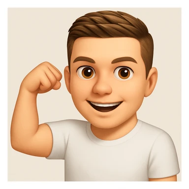 Based on these photos, make an emoji with facial features intact, man in white t-shirt, showing muscles sticker