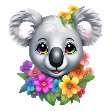 Lisa Frank koala bear with rainbow eyes with flowers sticker