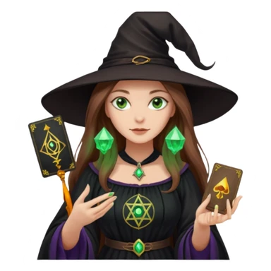dark witch girl with long light brown hair and green eyes and Tarot cards sticker