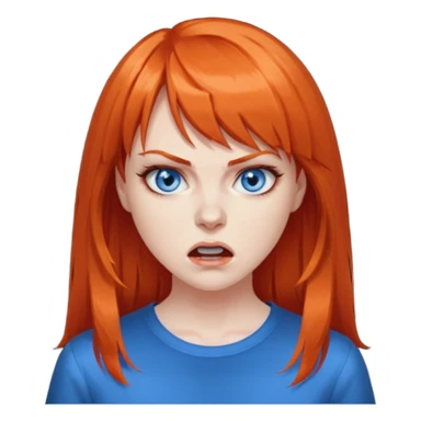 A woman with dark orange hair and bangs, blue eyes, an asmr streamer, angry, sticker