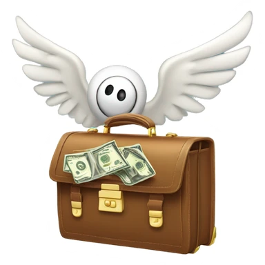 A playful winged briefcase with cartoon eyes, gliding upwards with dynamic motion lines, trailing glittering dollar signs sticker