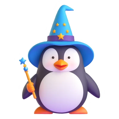 penguin wizard with a starry wizard hat and magic wand sticker
