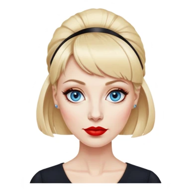 Woman in her early 50s with pale skin, wider face, blue eyes with eyeliner, thin eyebrows, red lipstick, blonde updo hair with bangs, wearing a black top sticker